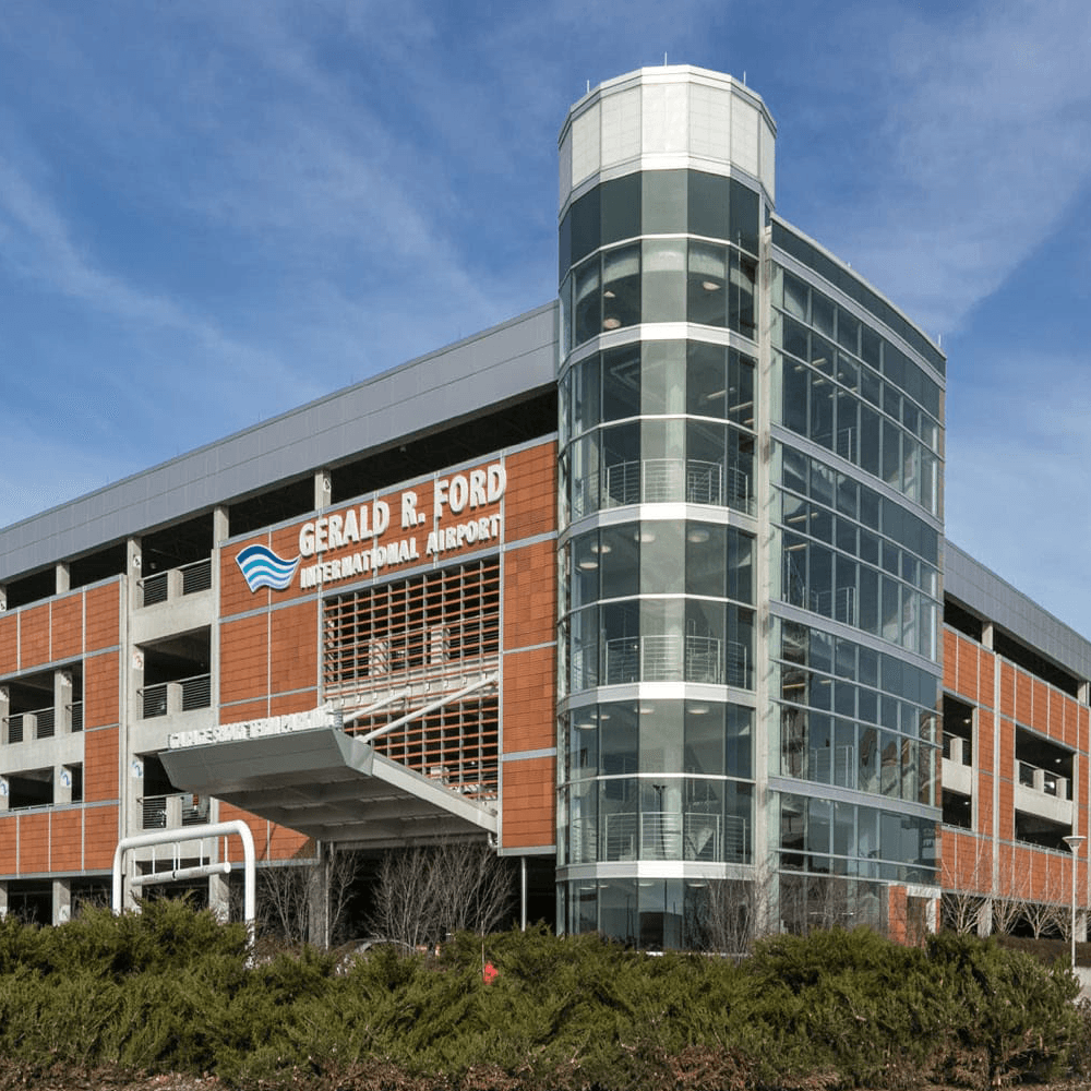 Exterior of the Gerald R. Ford International Airport featuring a modern design.