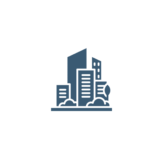 Illustration of a modern city skyline with various buildings and greenery.