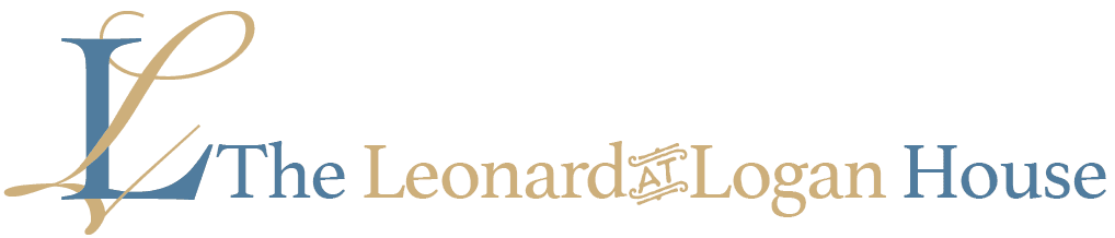 Logo for The Leonard Logan House featuring elegant typography in blue and gold.