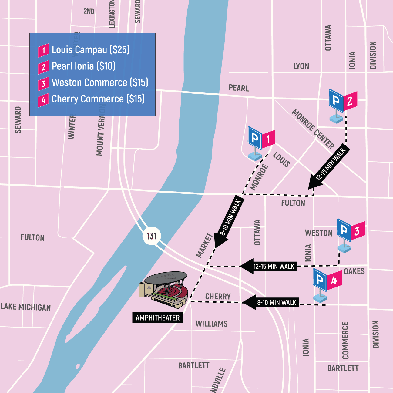 Map showing walkable parking ramps to the new Acrisure Amphitheater